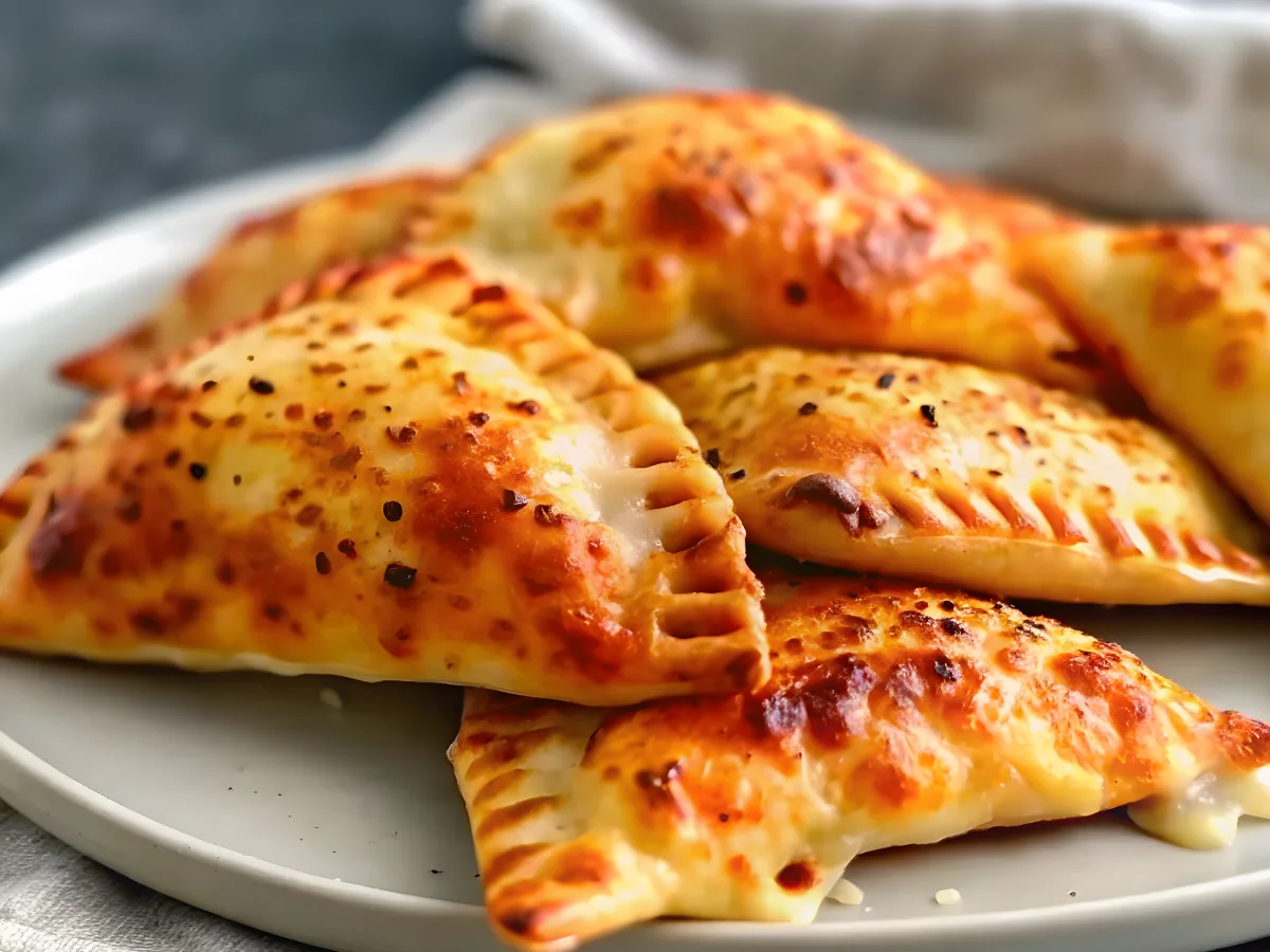 Close-up of golden crispy chicken caesar cheesy pizza pockets with melted mozzarella and fresh herbs.