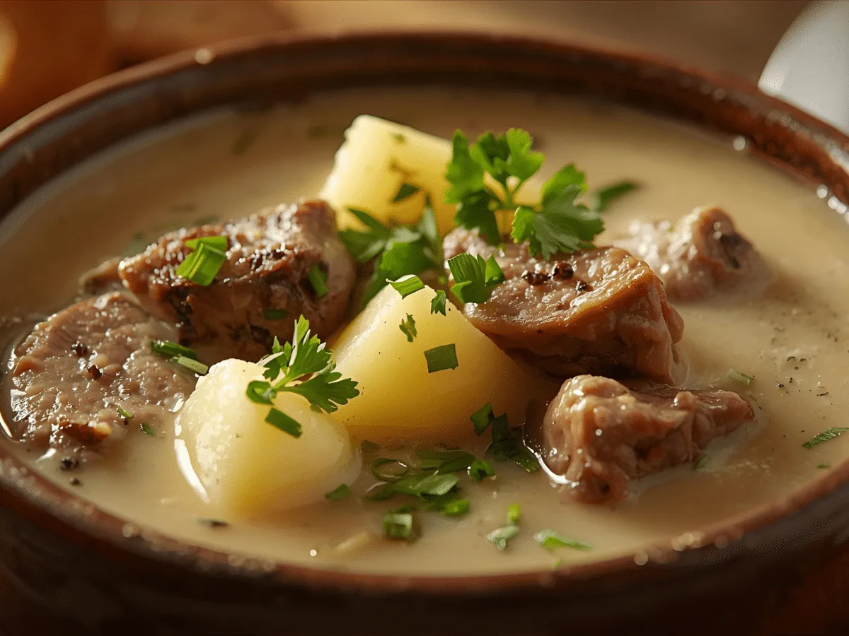 | Alt: Creamy steak and potato soup in a bowl |