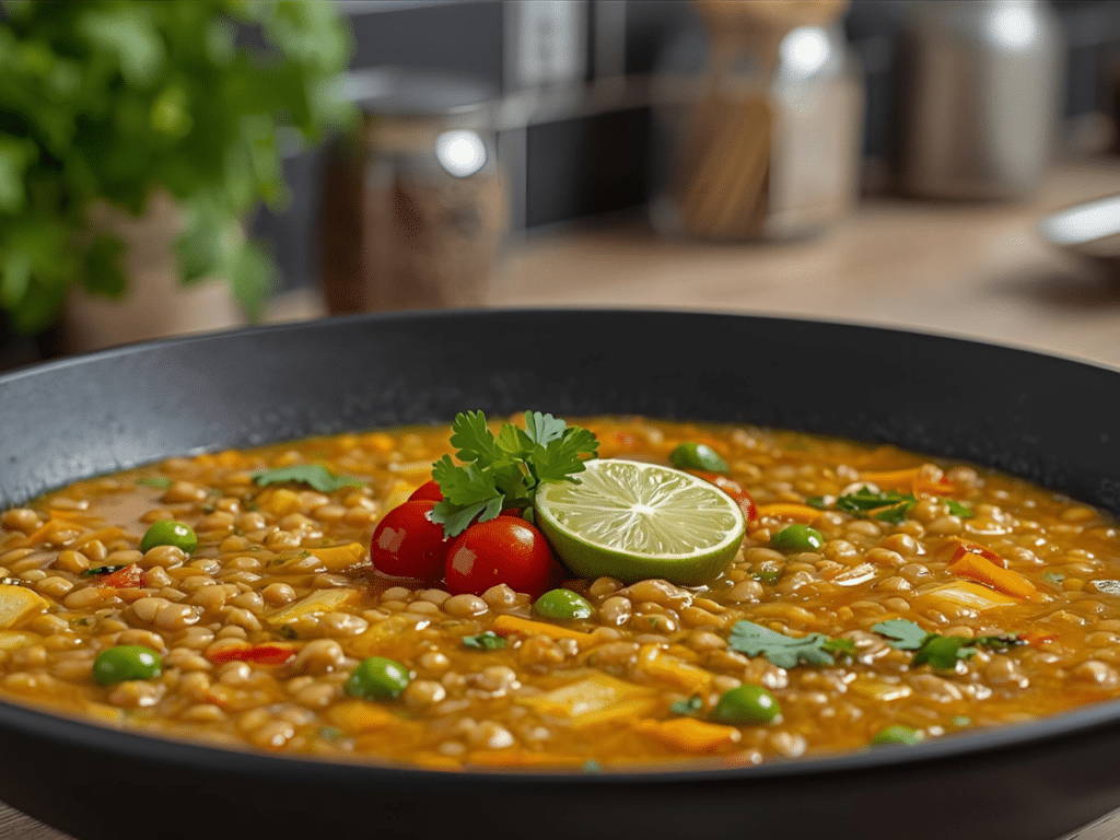 Creamy Coconut Lentil Curry bowl with rice.
