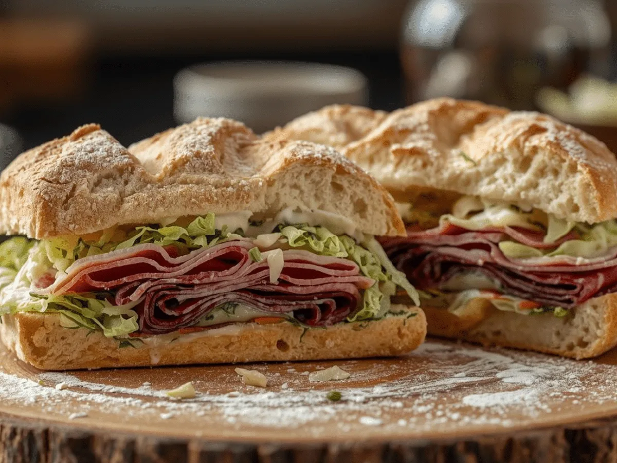 Alt Text: A high-angle shot of a loaded Italian Grinder Salad Sandwich on a toasted artisan hoagie roll, showing melted provolone and creamy zesty slaw.
