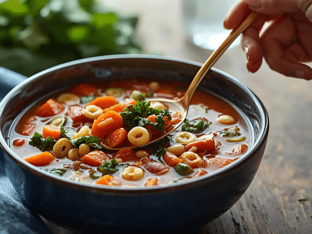 Copycat Olive Garden Minestrone Soup with fresh vegetables and pasta shells in a red Dutch oven.