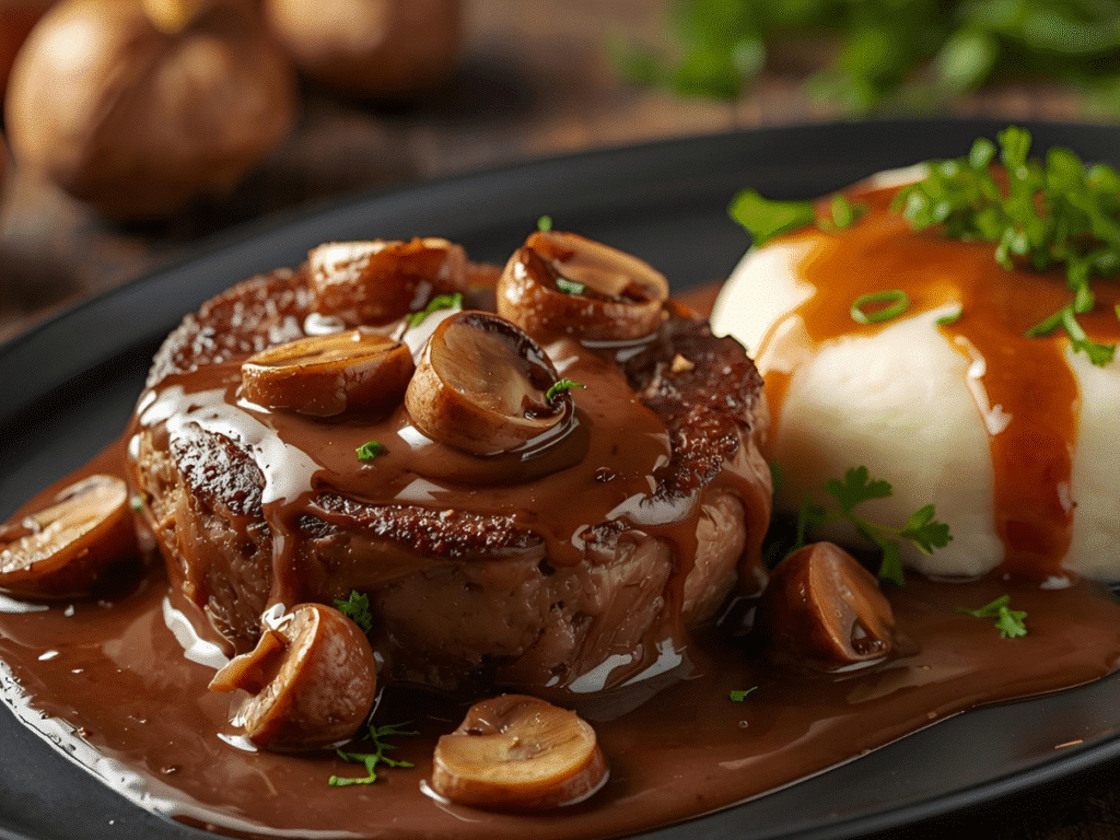 Tender Salisbury Steak patties served over creamy mashed potatoes.