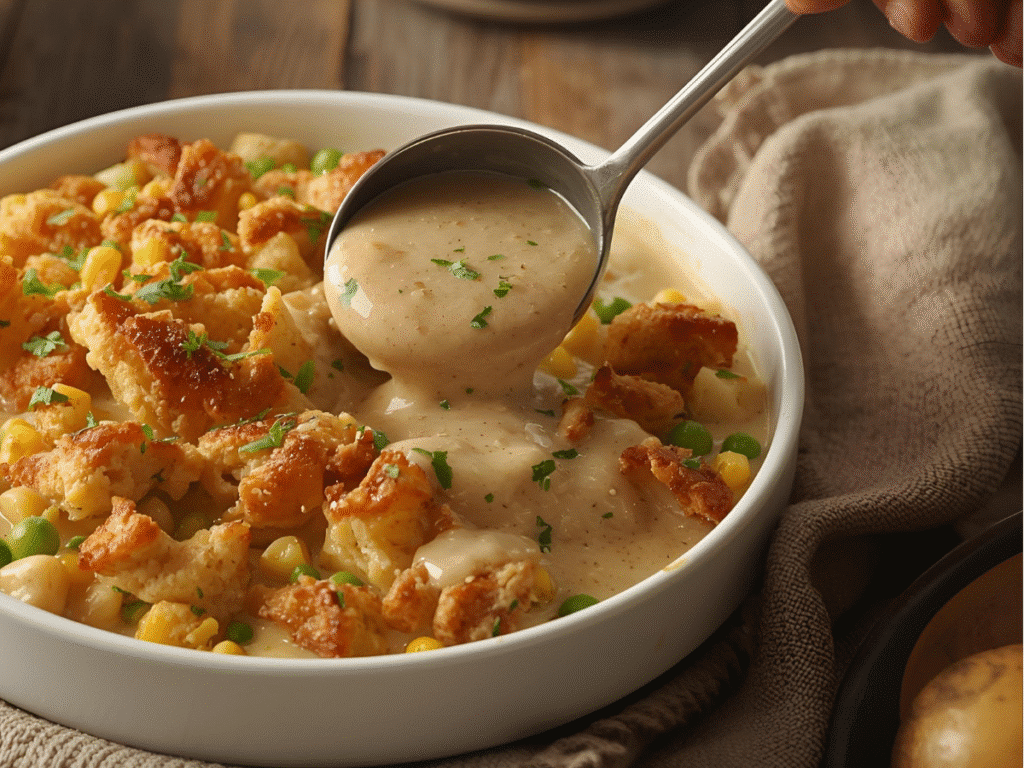 Scoop of Cheesy Chicken Stuffing Casserole on a plate, showing layers of shredded chicken, creamy sauce, and fluffy herb stuffing.