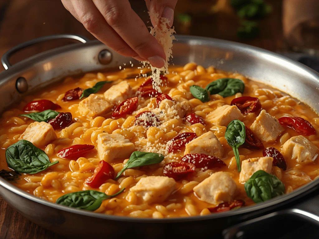 Close-up of a spoon lifting cheesy orzo pasta and golden chicken thigh coated in rich parmesan sauce.
