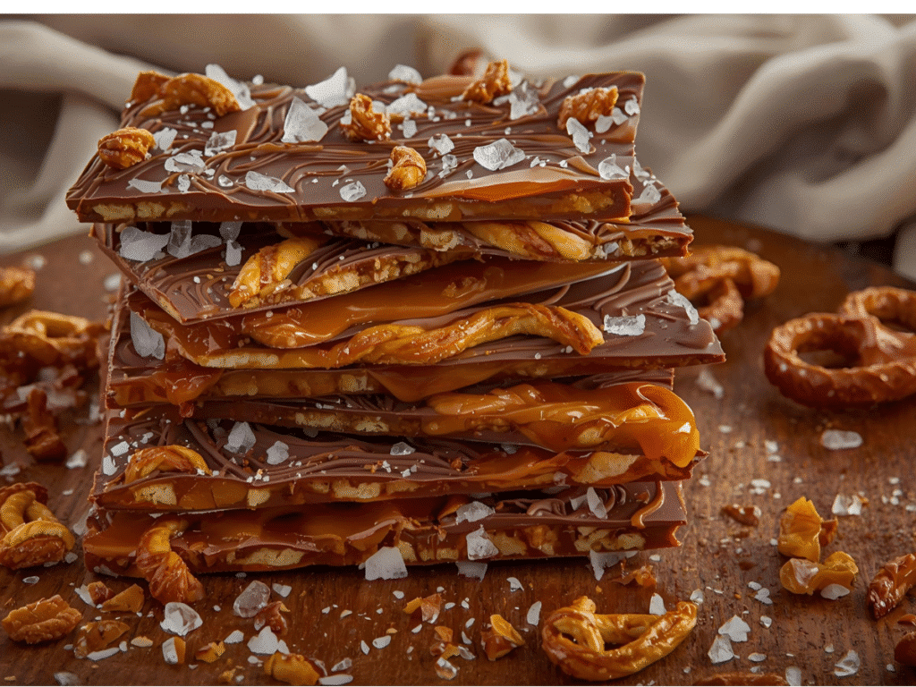 Salted Caramel Pretzel Bark broken into shards on parchment paper.