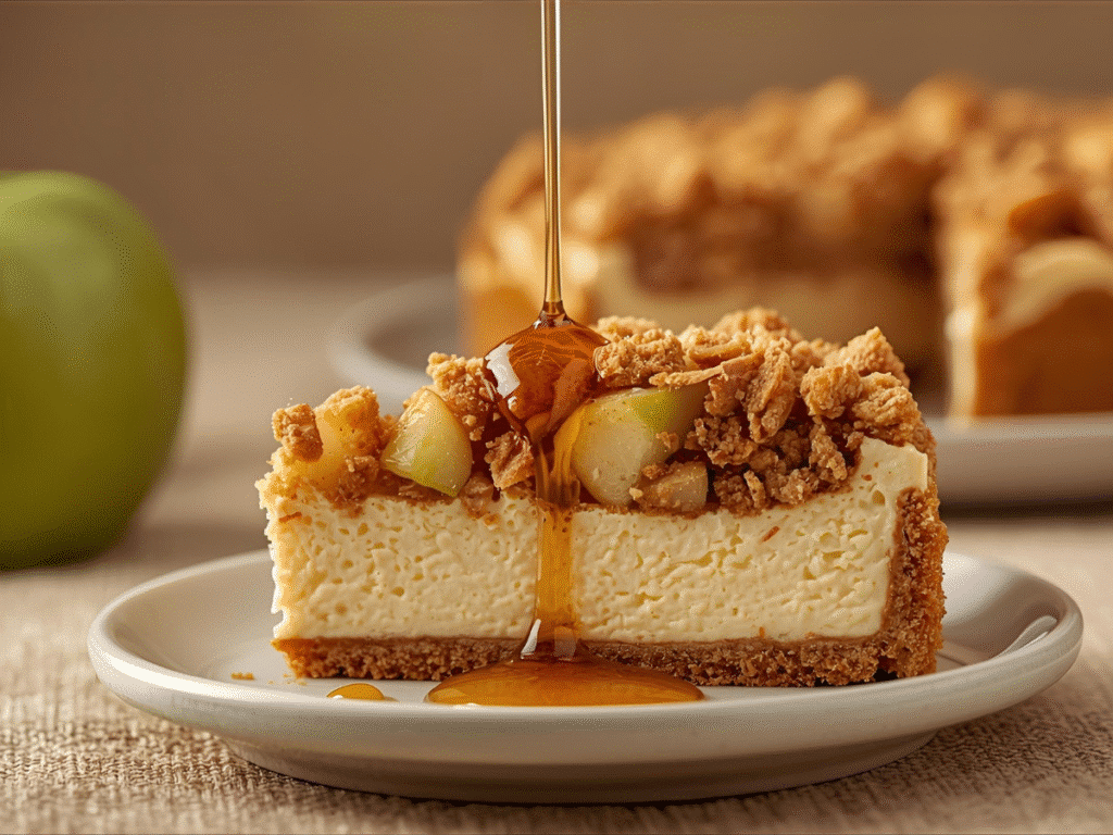 Version 2: alt="Creamy Apple Pie Cheesecake slice",