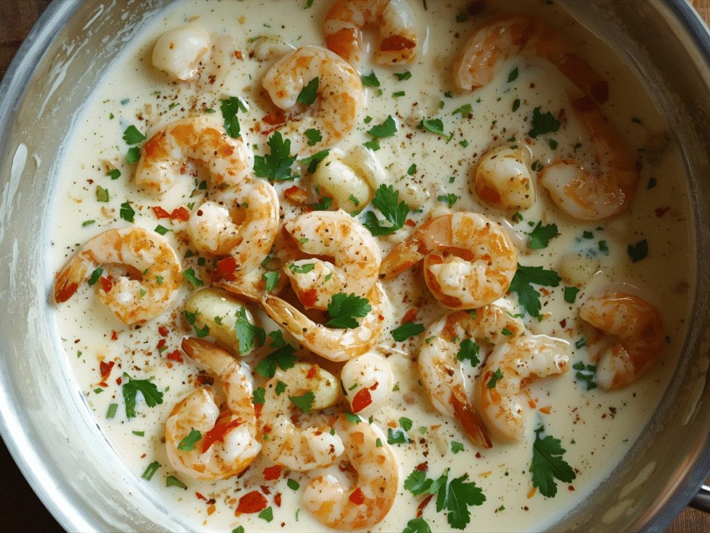 Bowl of Garlic Shrimp in Coconut Milk with jasmine rice side.