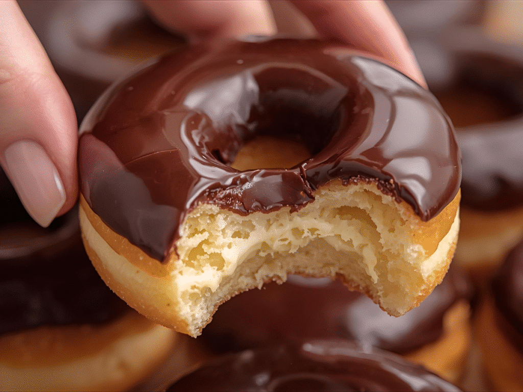 Boston Cream Donut cut in half revealing custard filling. 