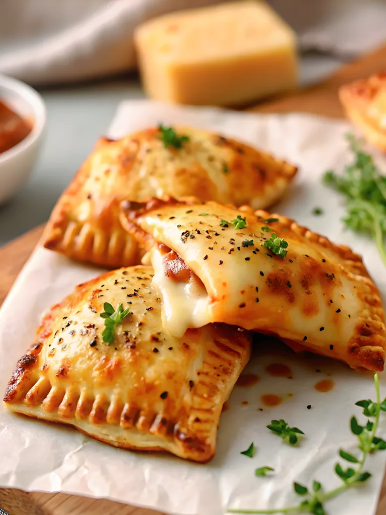 A stack of homemade easy cheesy pizza pockets served with a side of zesty pizza sauce on a wooden platter.	