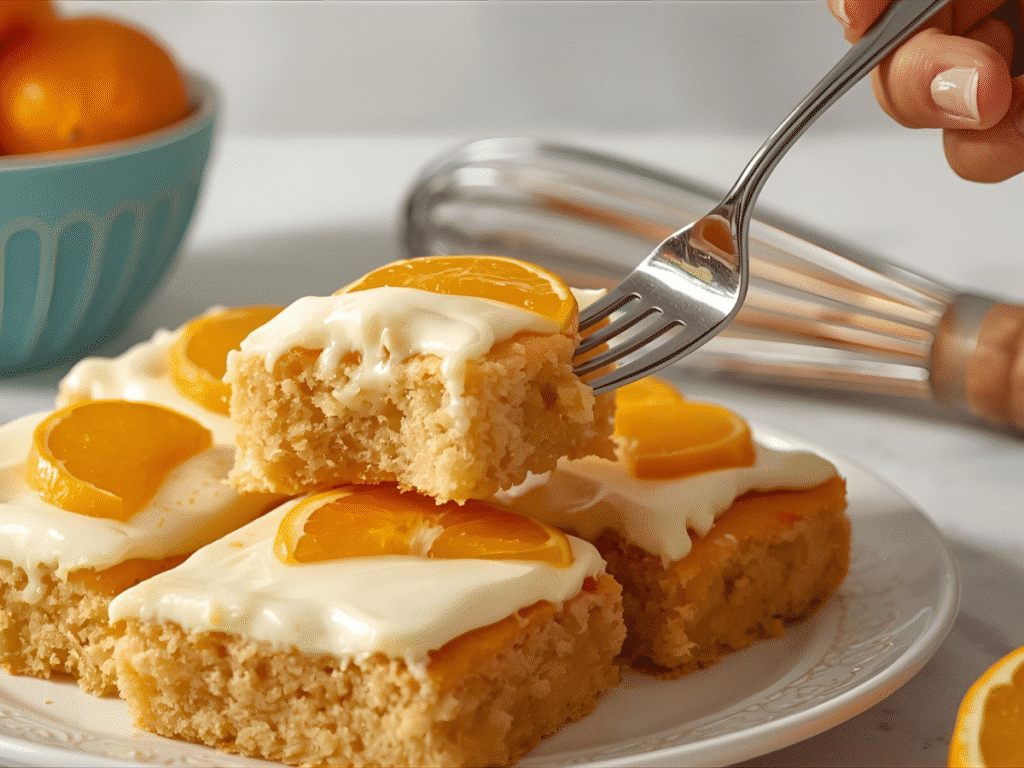 Close-up texture shot of an Orange Blonde Brownie showing the dense, moist crumb and creamy frosting.
