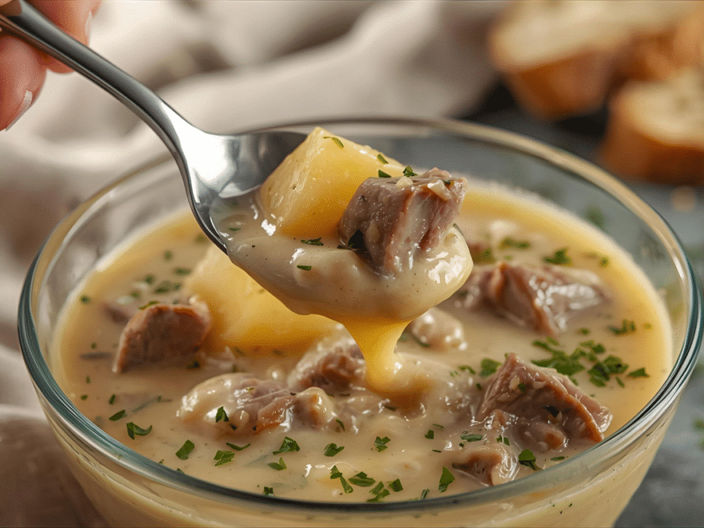 | Alt: Tender beef potato soup close up