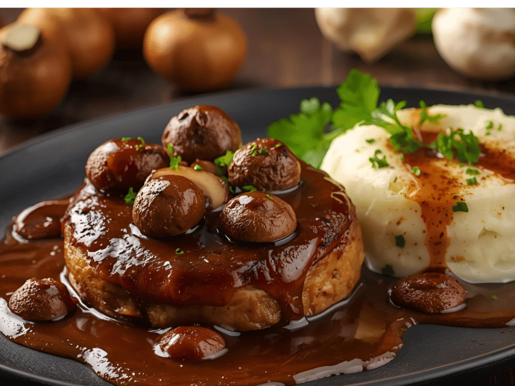 Savory mushroom gravy poured over a juicy beef Salisbury steak.