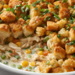 Overhead view of a cooked Chicken and Stuffing Casserole fresh from the oven with a golden crust and creamy texture.