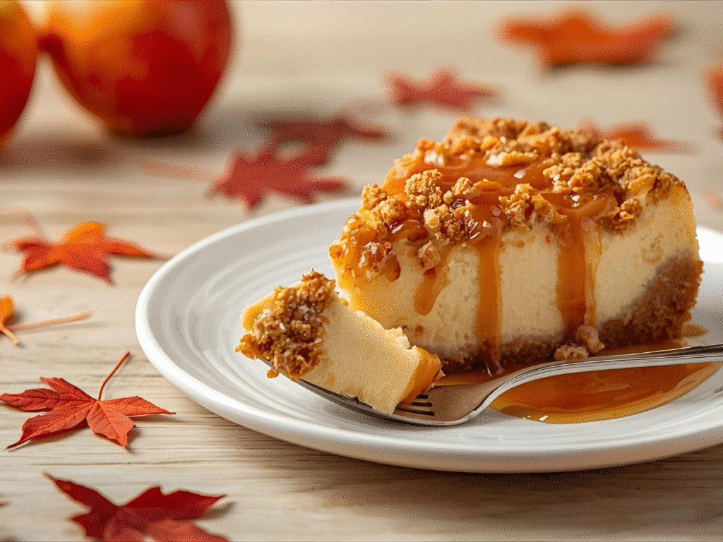 Version 3: alt="Baked Apple Crisp Cheesecake whole",