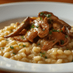 | Alt: Cooking Easy Mushroom Risotto in pan