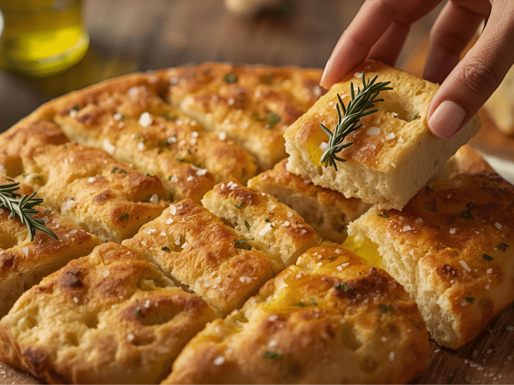 Rustic Rosemary Sourdough Focaccia topped with fresh herbs and sea salt, a delicious Garlic Foccacia Sourdough Bread variation for family meals.
