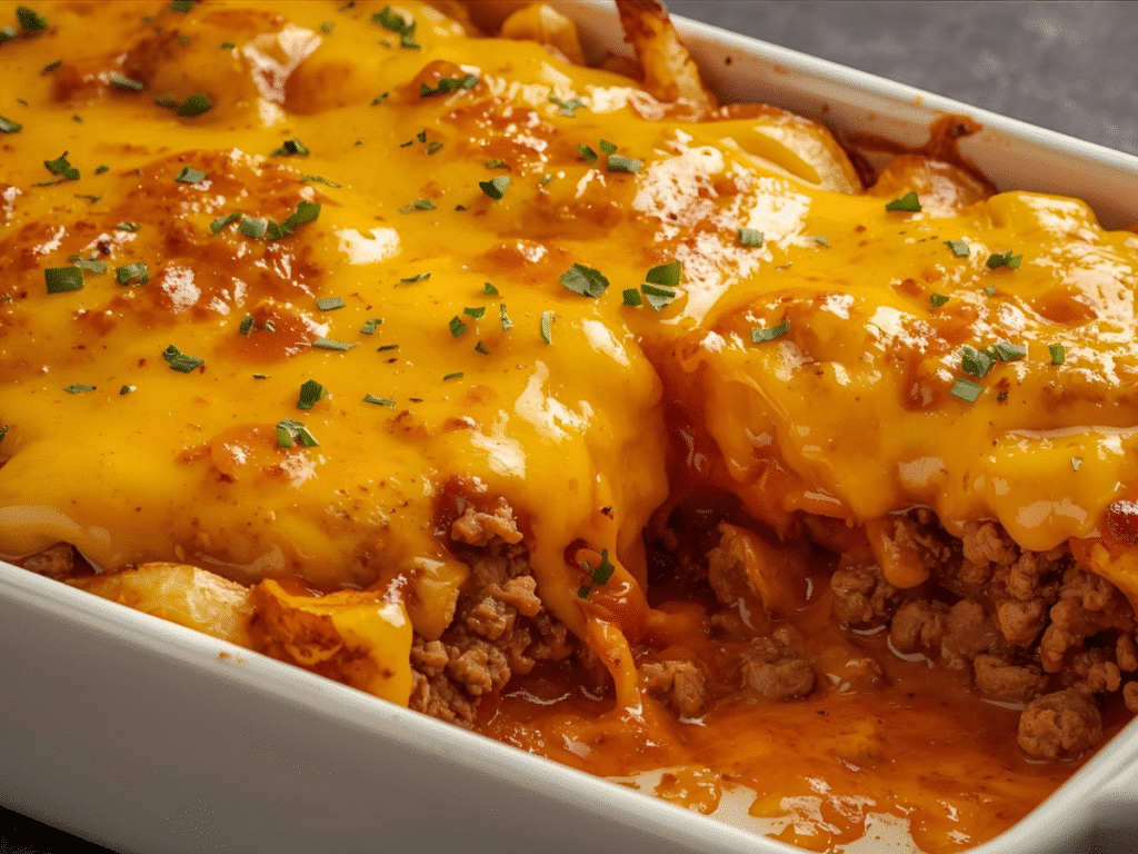 Alt Text: Beef Casserole with French Fries and cheese.