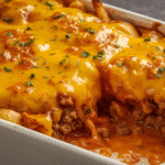 Alt Text: Beef Casserole with French Fries and cheese.