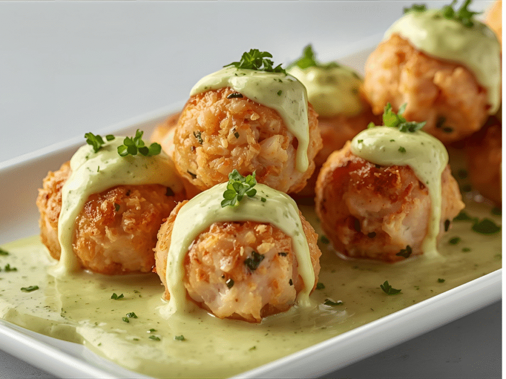Stack of Baked Salmon Meatballs with Creamy Avocado Sauce on a wooden board with a linen napkin.