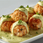 Stack of Baked Salmon Meatballs with Creamy Avocado Sauce on a wooden board with a linen napkin.
