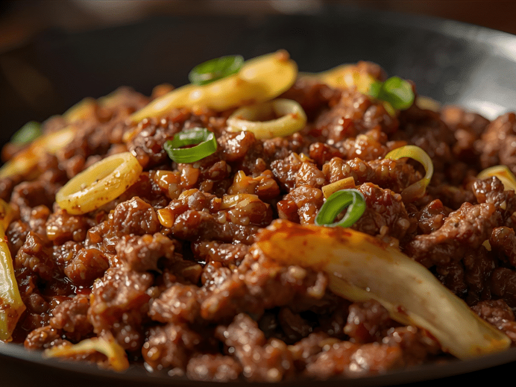 Cooking Low Carb Mongolian Ground Beef and Cabbage in a large pan.