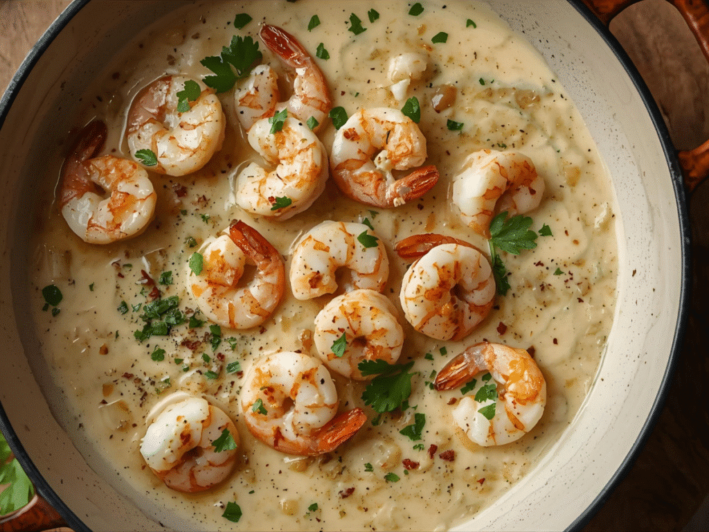 Alt Text: Cooking process of Garlic Shrimp in Coconut Milk in a large pan.