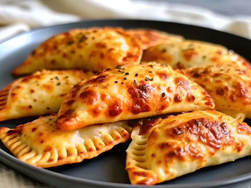Hand pulling apart a cheesy pizza pocket to reveal the steaming mozzarella cheese and crispy chicken filling.	