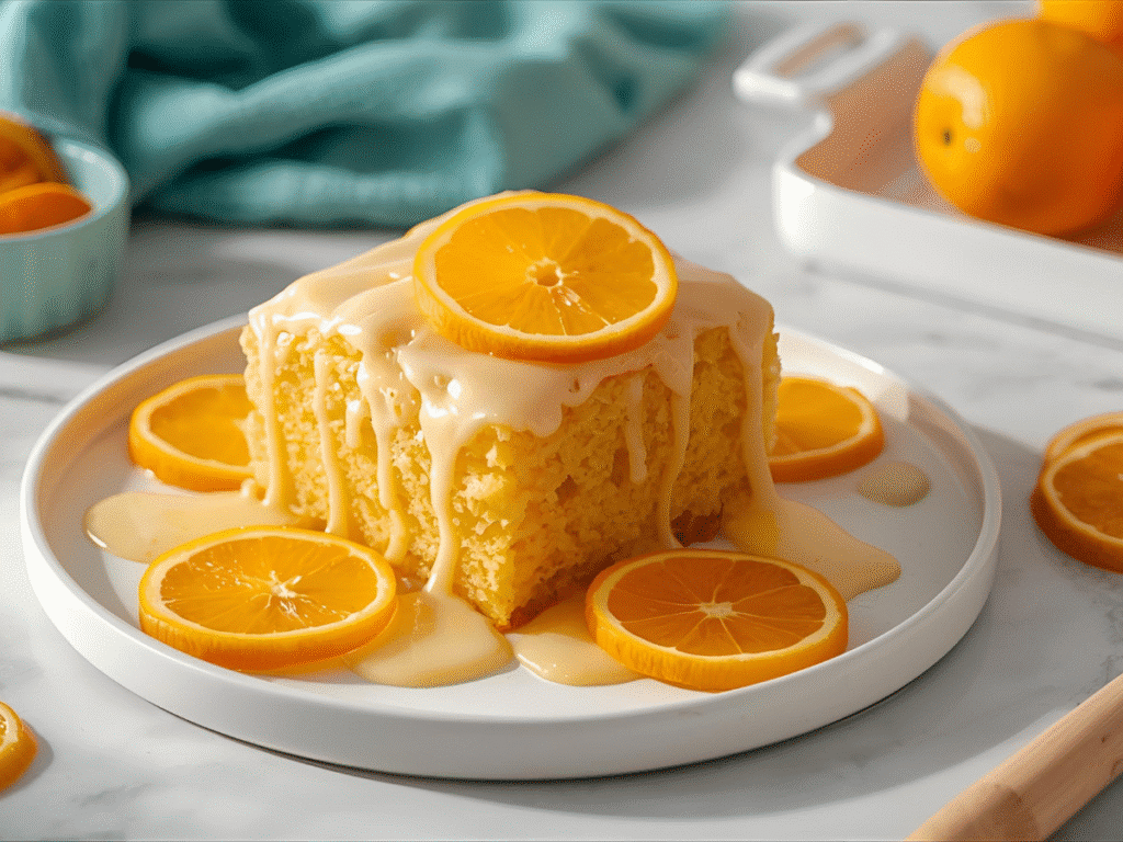Overhead view of glazed Orange Bars in a baking pan surrounded by fresh Navel oranges and zest.