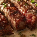 Filename: best-garlic-cream-sauce-for-steak.jpg Alt Text: Pouring creamy sauce over a seared Steak with Garlic Cream Sauce. Caption: Pouring the savory Steak with Garlic Cream Sauce. Description: Action shot of ladling hot, savory garlic cream sauce over a freshly cooked steak.
