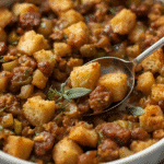 Alt Text: Thanksgiving stuffing recipe served alongside a roast turkey dinner. Filename: thanksgiving-stuffing-recipe-plated.jpg Caption: The perfect side dish for your Thanksgiving feast. Description: A plated serving of stuffing next to roasted poultry and cranberry sauce.