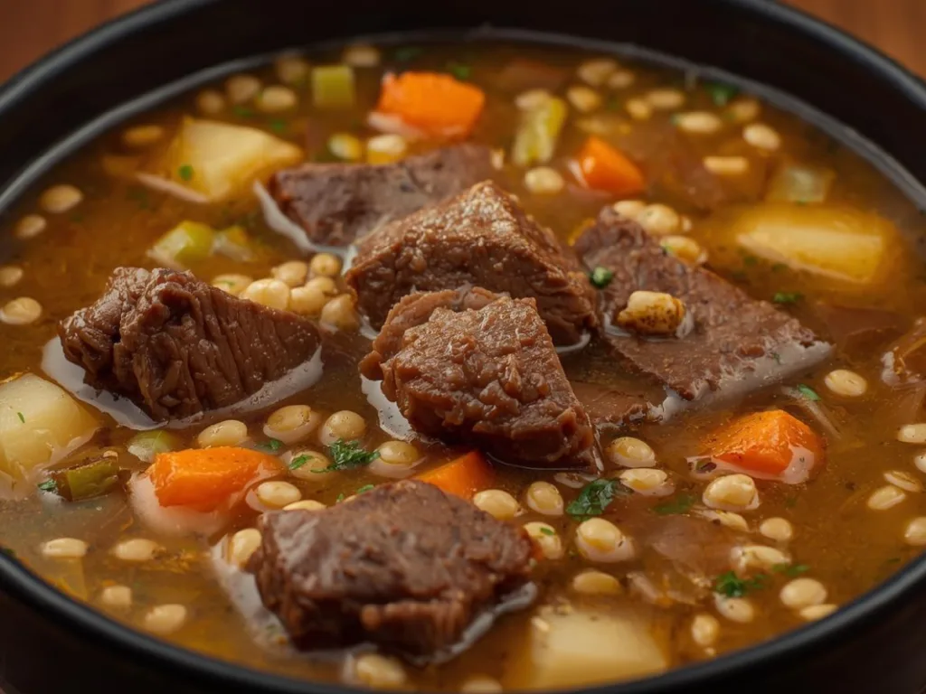 A bowl of Hearty Beef With Barley Soup showing pearl barley, tender beef chuck, and sliced carrots.