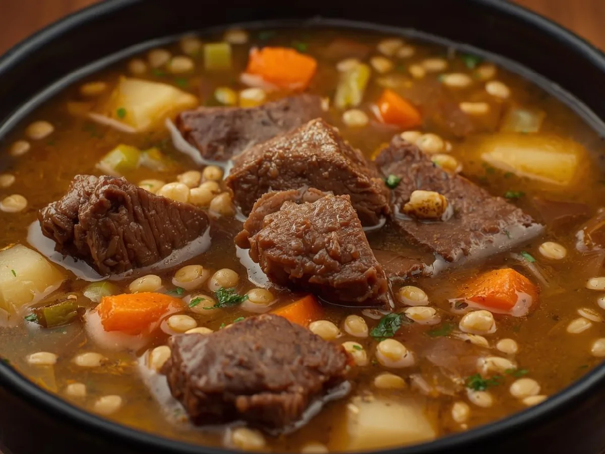 A bowl of Hearty Beef With Barley Soup showing pearl barley, tender beef chuck, and sliced carrots.