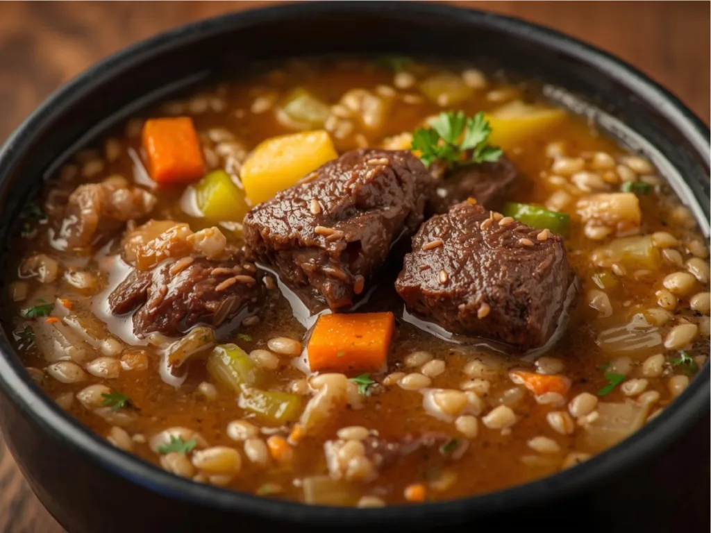 Overhead shot of a Dutch oven filled with Vegetable Beef Soup With Barley and savory beef broth simmering on a stovetop.