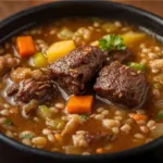 Overhead shot of a Dutch oven filled with Vegetable Beef Soup With Barley and savory beef broth simmering on a stovetop.