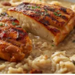 One pan Dump & Bake Creamy Rice & Chicken on a table