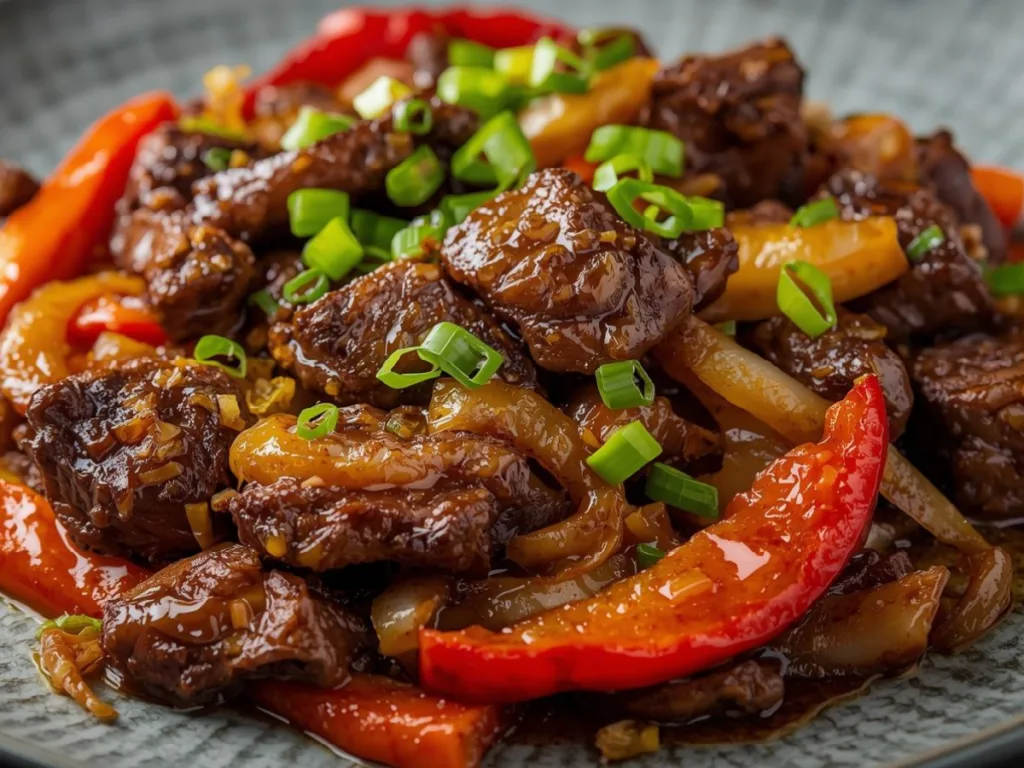 Plate of Pepper Steak with Bell Peppers and Onion