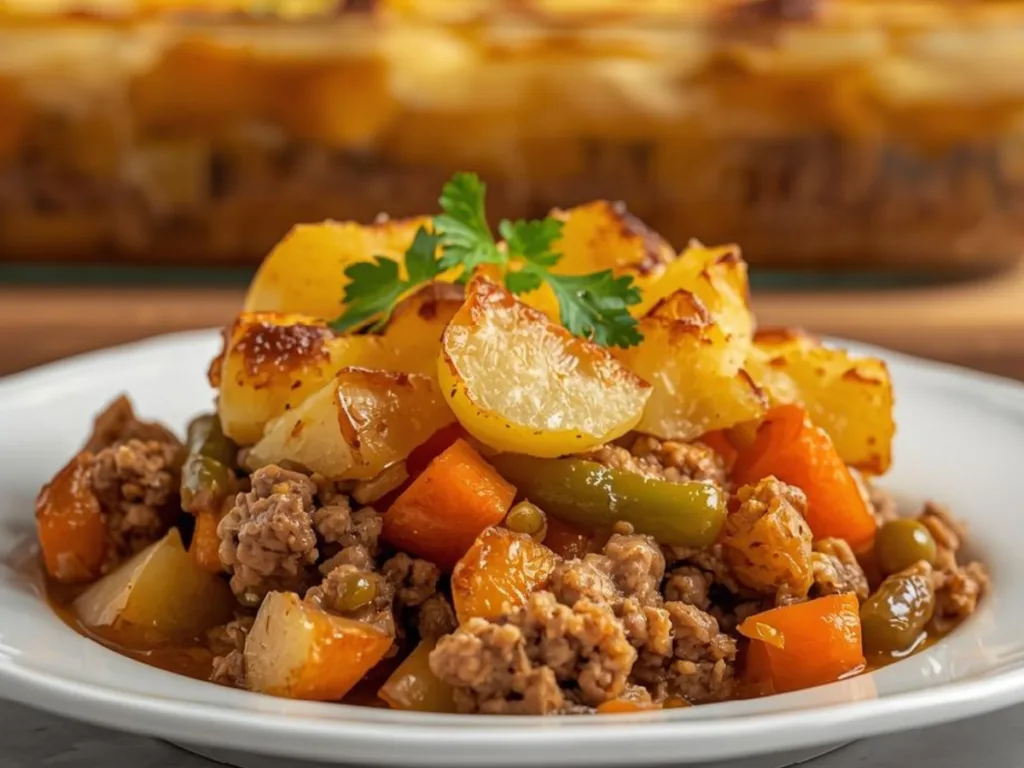Close-up of Amish Winter Bliss Casserole with ground beef, cubed Yukon Gold potatoes, and fresh green beans in a savory broth.
