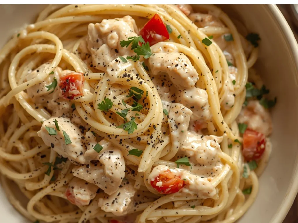 Creamy Crockpot Chicken Spaghetti in a white bowl.