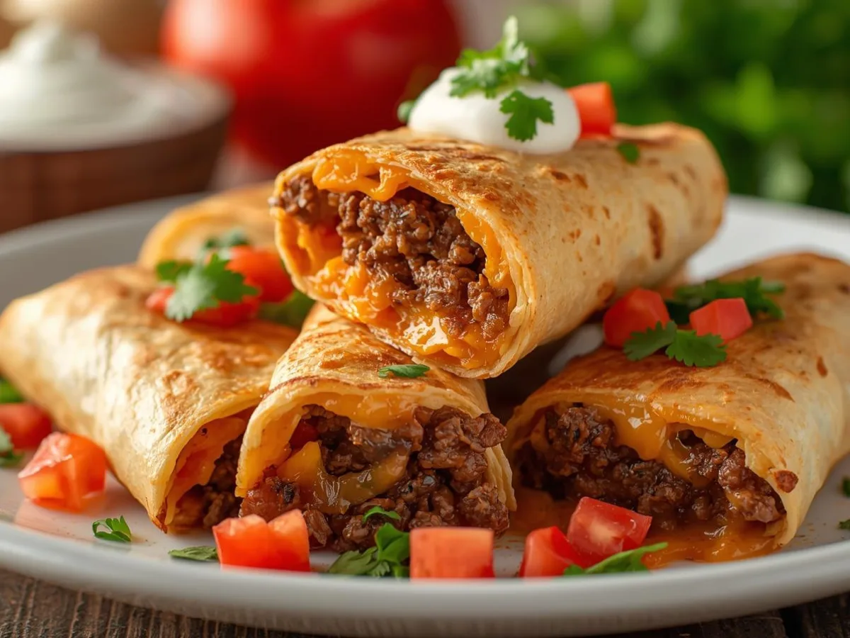 Crispy Cheesy Beef Chimichangas on plate