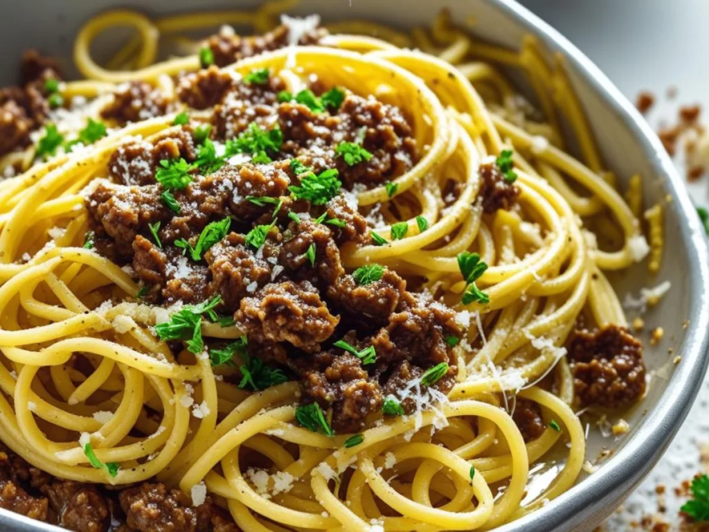 Savory Garlic Butter Beef Pasta with Creamy Parmesan.
