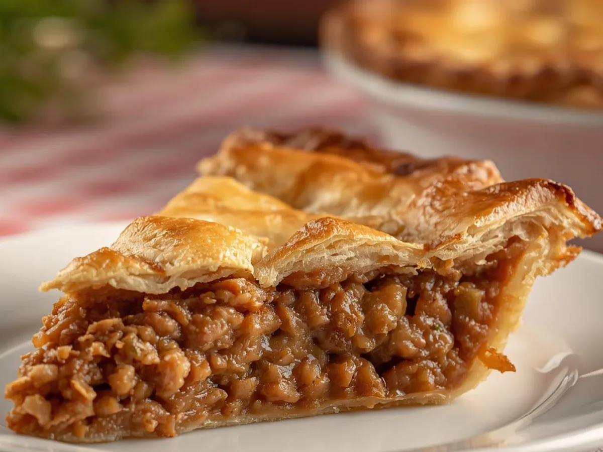 A golden-brown Old-Time Mincemeat Pie with a flaky crust, cooling on a rack, showcasing the rich holiday celebration vibes.