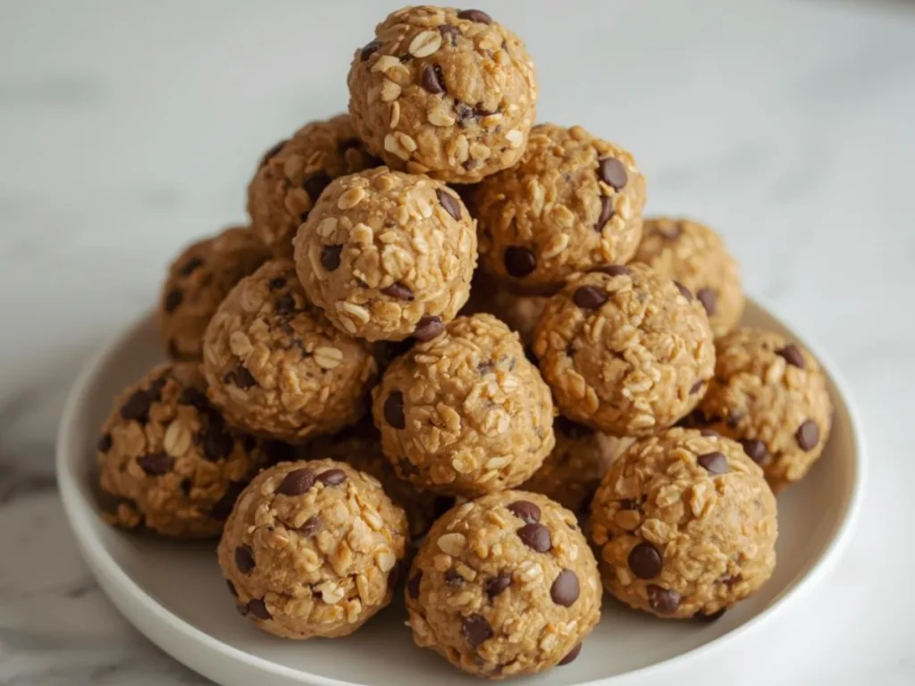 Smooth peanut butter protein balls on a plate.