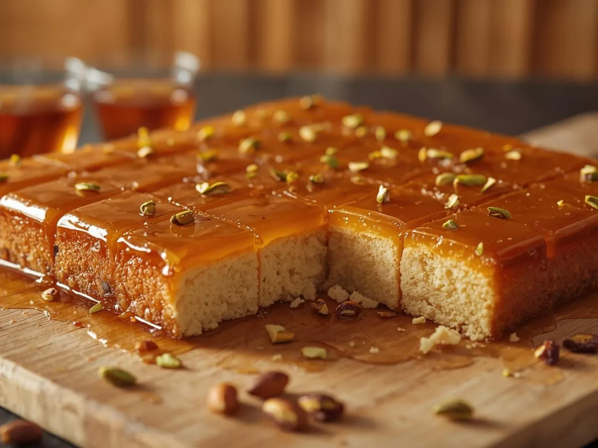 Golden Cardamom Rose Syrup Basbousa slices on a platter.