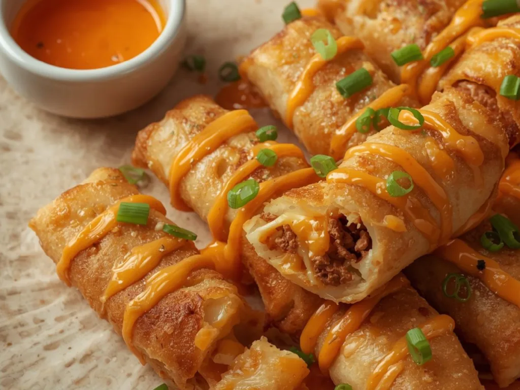 Crispy golden Voodoo Egg Rolls on white platter;