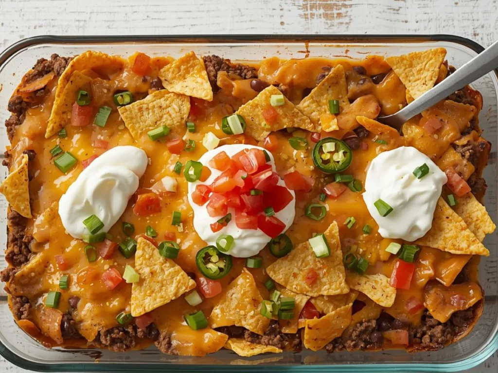 A close-up of a golden Walking Taco Casserole in a glass dish, topped with crunchy Fritos corn chips and melted cheese.