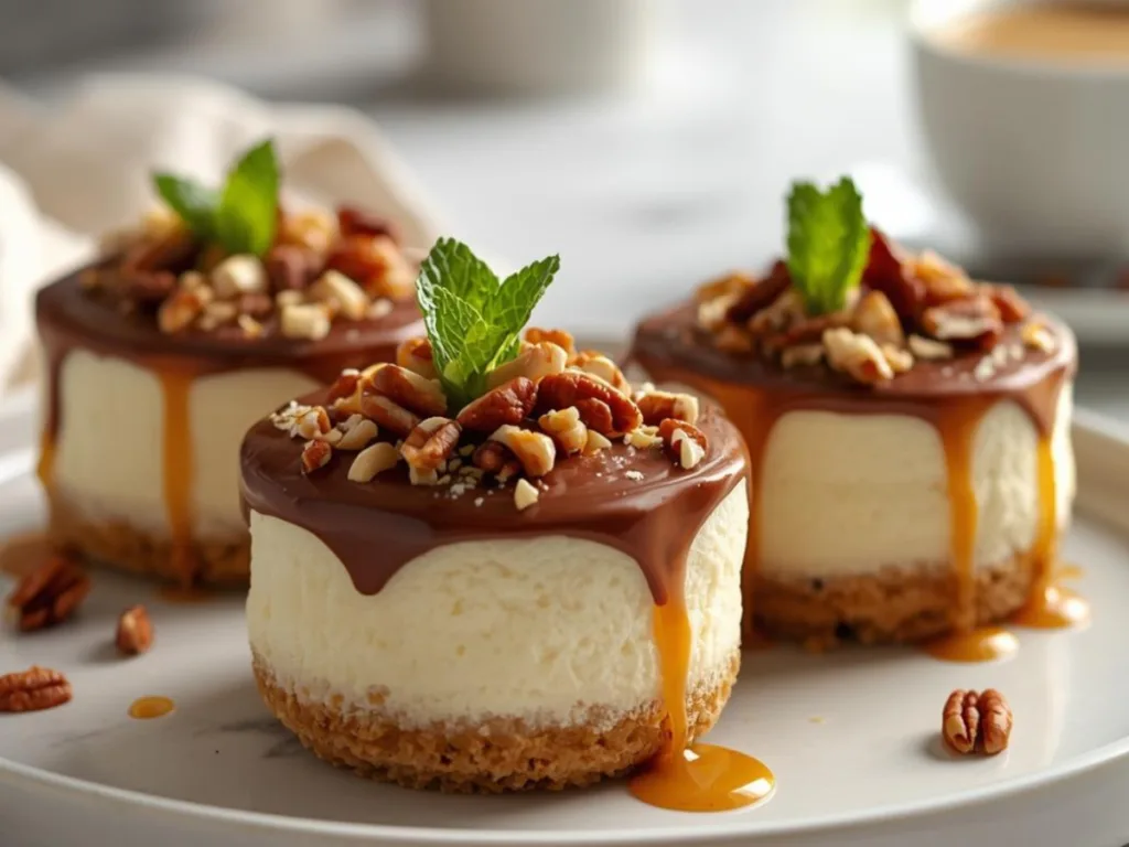 Bake Turtle Mini Cheesecakes with caramel.