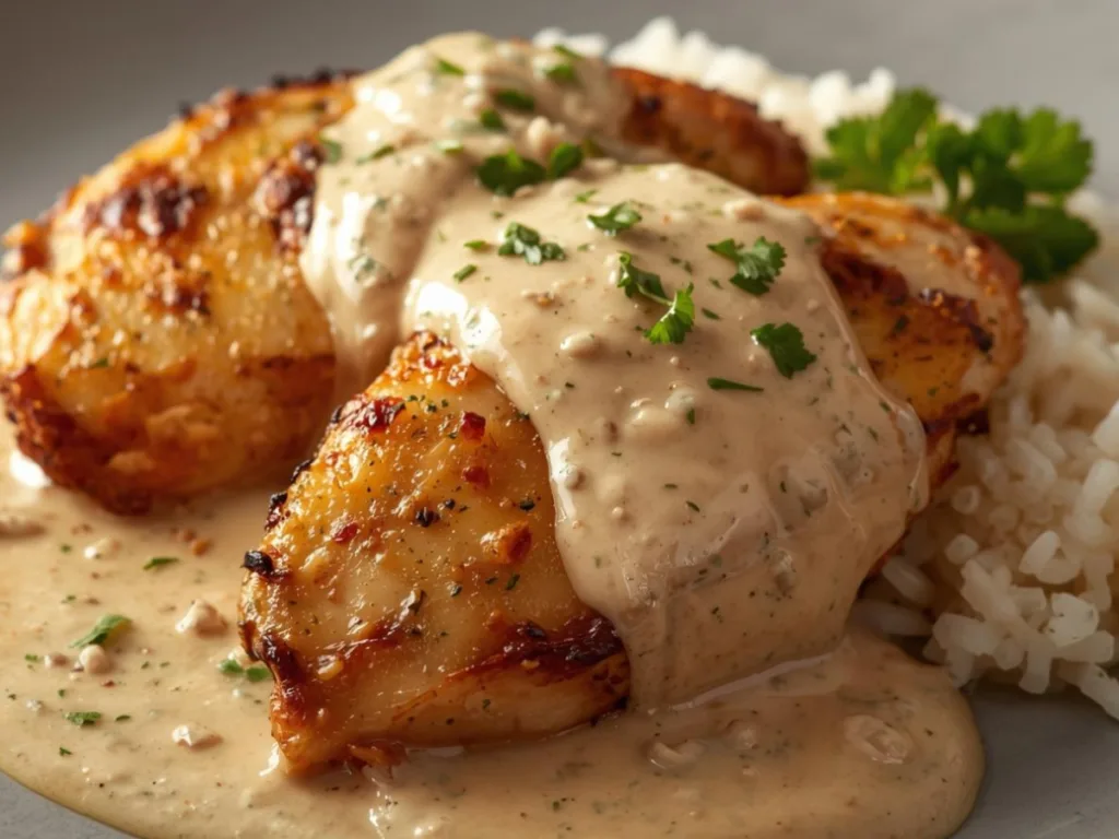 Alt: Seared Boursin chicken in skillet.