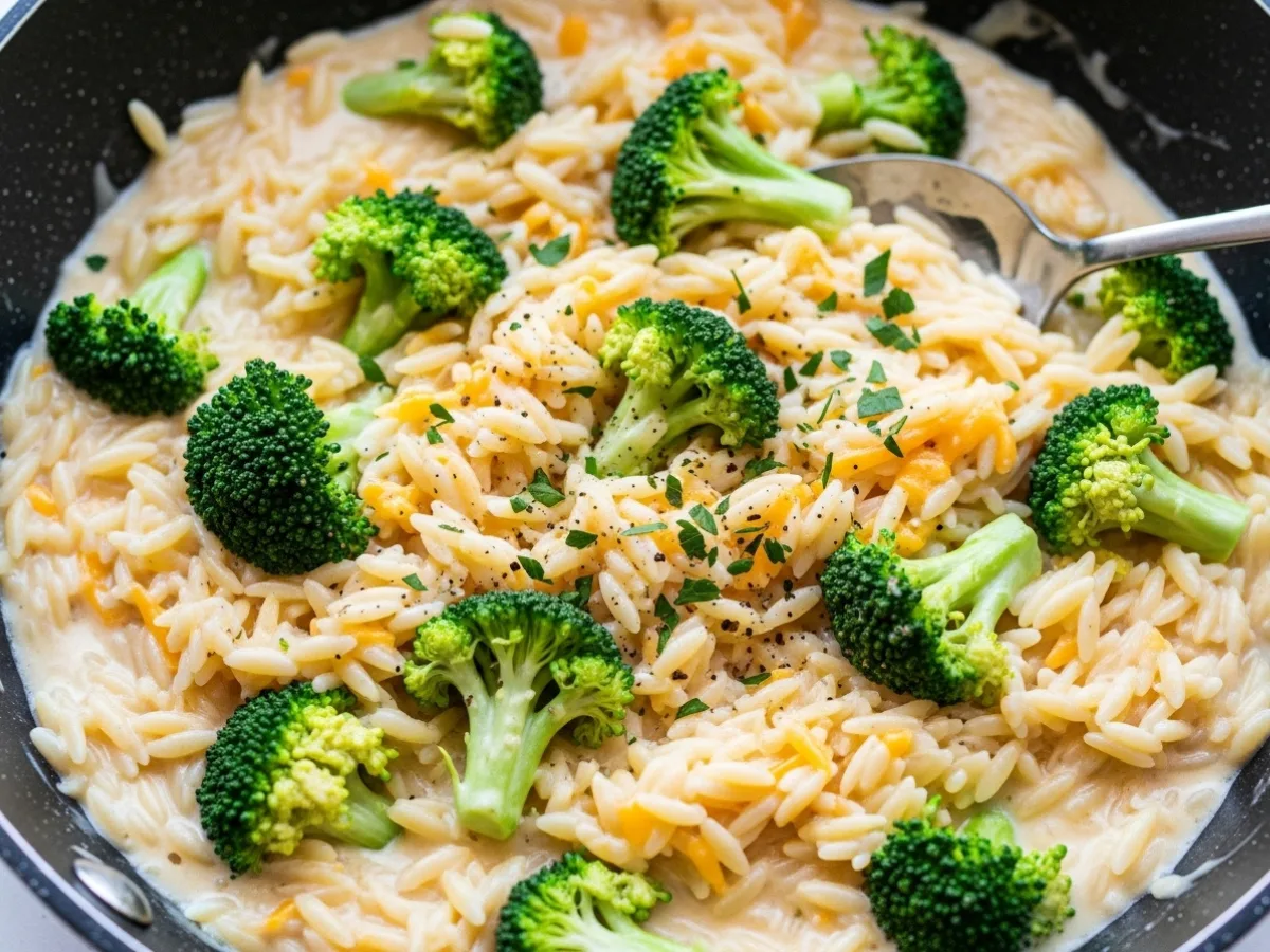 A steaming skillet filled with Creamy One-Pot Broccoli Cheddar Orzo and vibrant green broccoli florets.