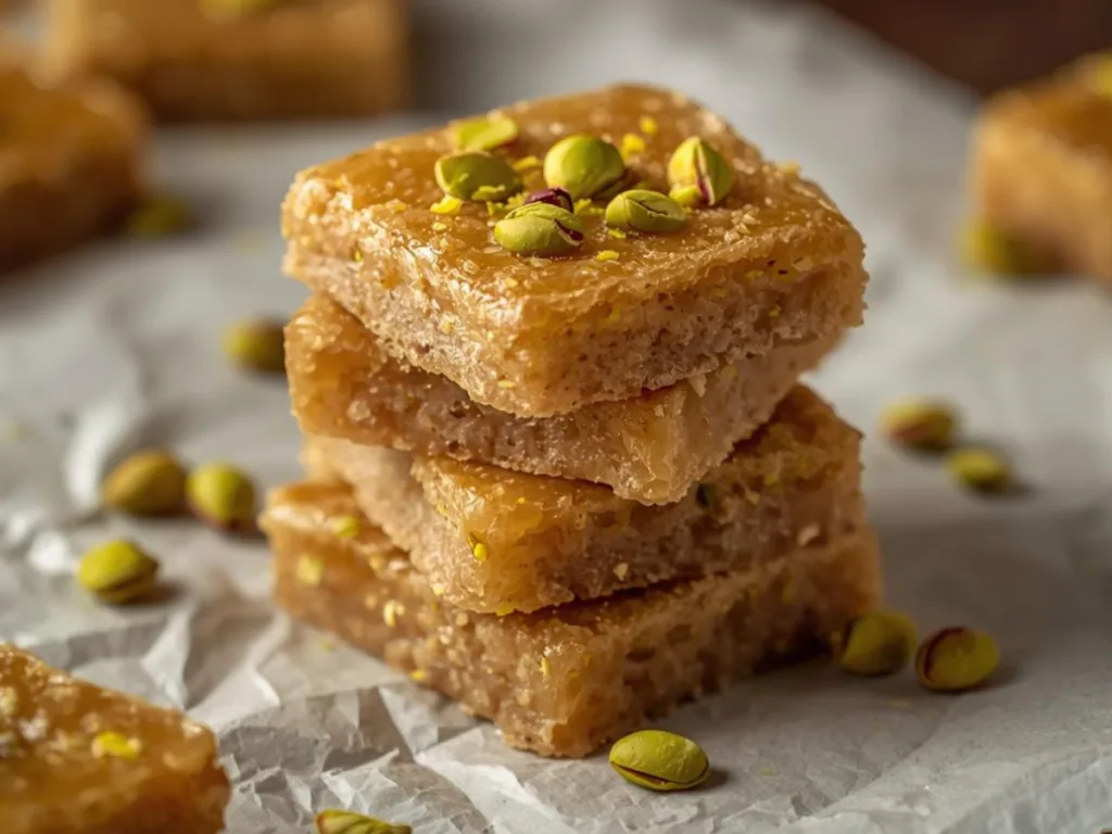 Golden Brown Butter and Honey Pistachio Cookie Bars topped with sea salt and crushed nuts on a baking pan.