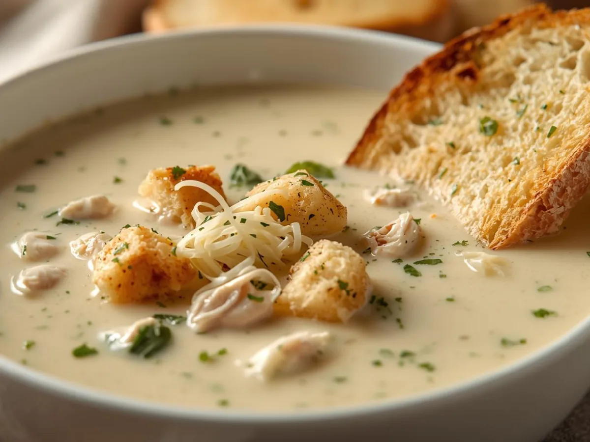 Creamy Garlic Parmesan Chicken Soup with fresh spinach